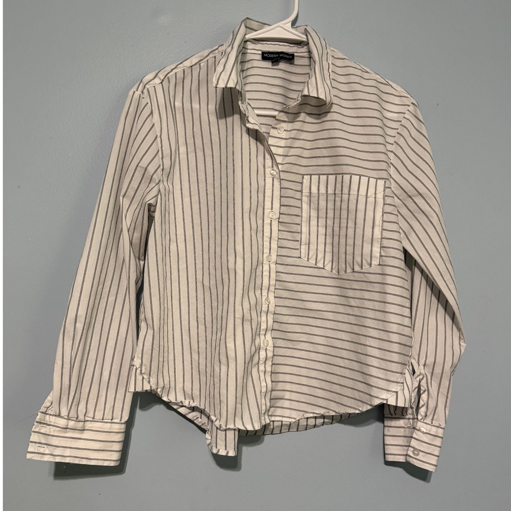 Modern Works Women's XS Stripe Button Down Shirt White Black Pinstripe Top 1634